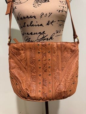 Cabin Creek Soft Embossed Floral Leather Crossbody Bag in Tan